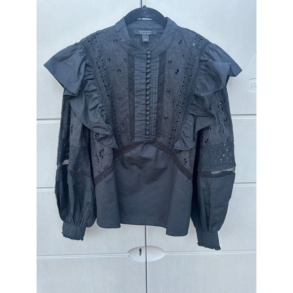 AllSaints Black Prim Broderie Eyelet Ruffled Bubble Sleeves Top Size 4 - Picture 4 of 15